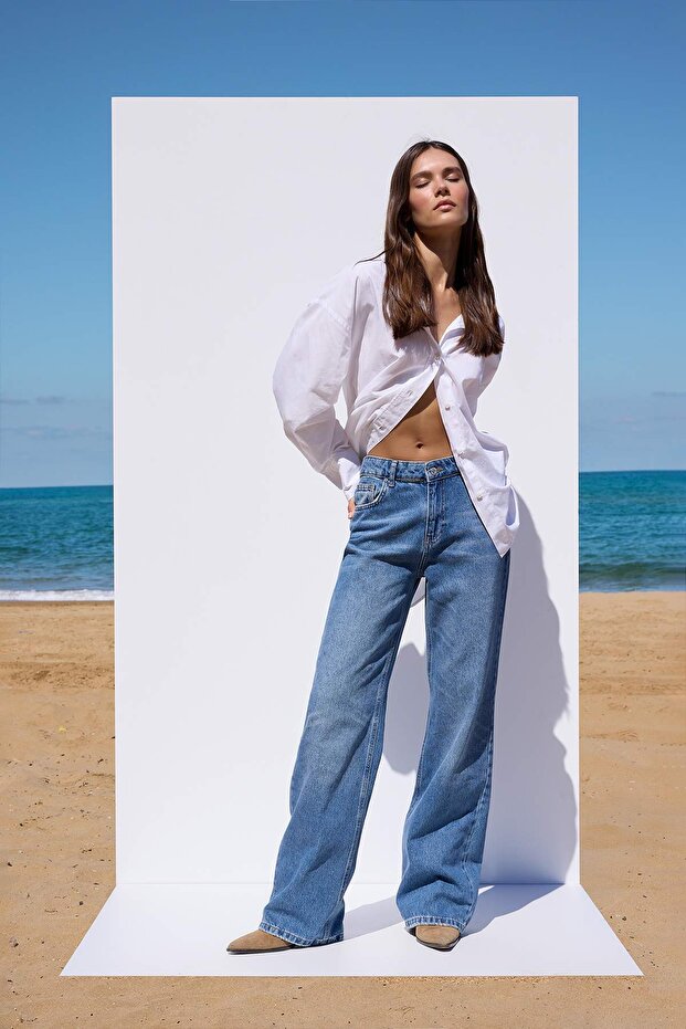 More Sustainable Mavi Rejeneratif Pamuk Normal Bel Wide Leg Geniş Paça Jeans TWOAW26JE00225 - 1