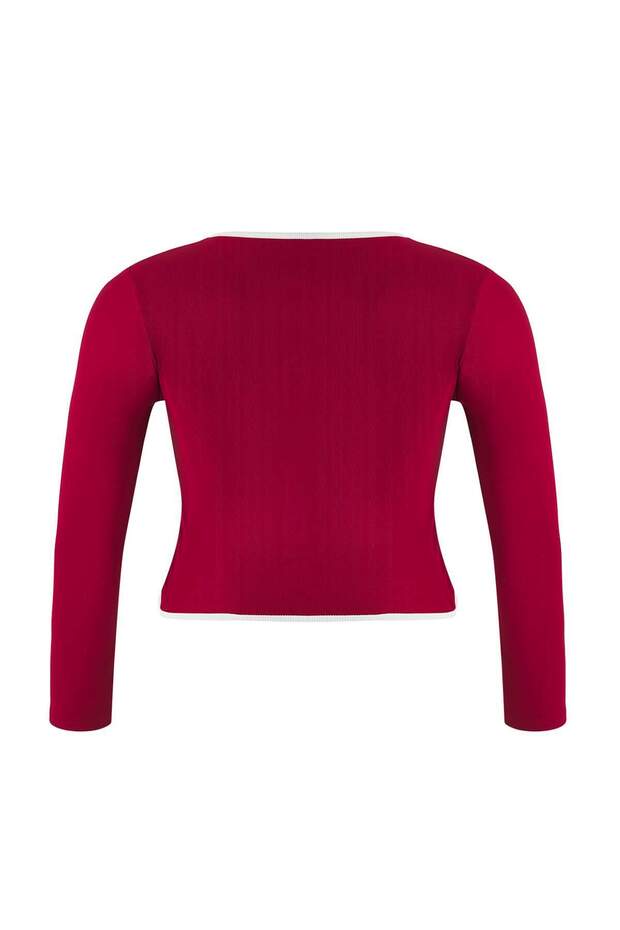 Bordo Teen Kontrast Biye Detaylı Fitted/Vücuda Oturan Fermuarlı Yaka Esnek Örme Bluz TBBAW26AF00041 - 8