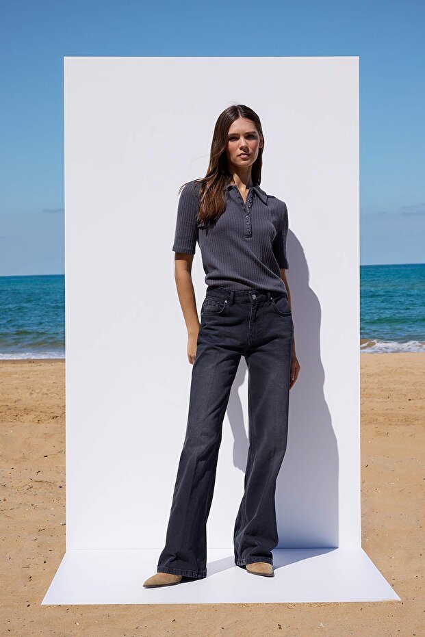 More Sustainable Siyah Rejeneratif Pamuk Normal Bel Wide Leg Jeans TWOAW26JE00219 - 1