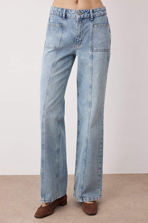 Mavi Dikiş ve Cep Detaylı Düşük Bel Wide Leg Jeans TWOAW26JE00206 - 3