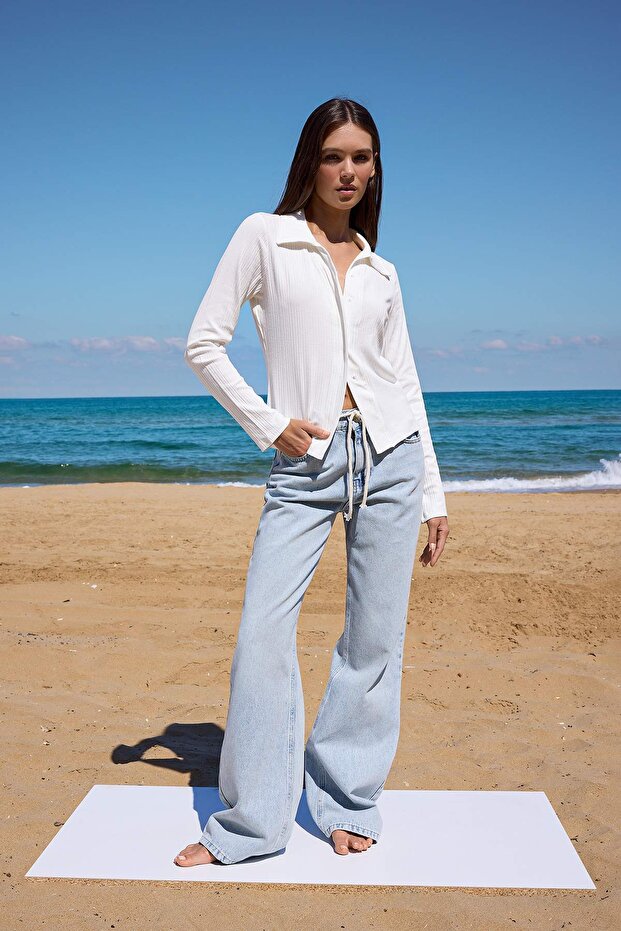 Ecru Polo Neck Buttoned Stretchy Knitted Blouse Twoaw26Bz00201