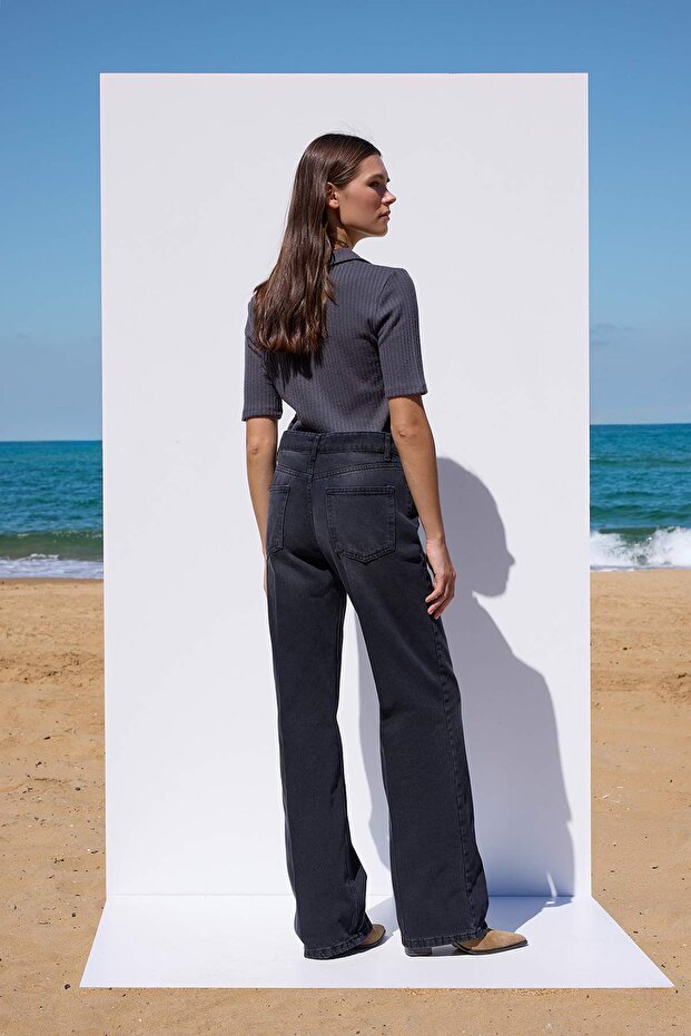 More Sustainable Siyah Rejeneratif Pamuk Normal Bel Wide Leg Jeans TWOAW26JE00219 - 4