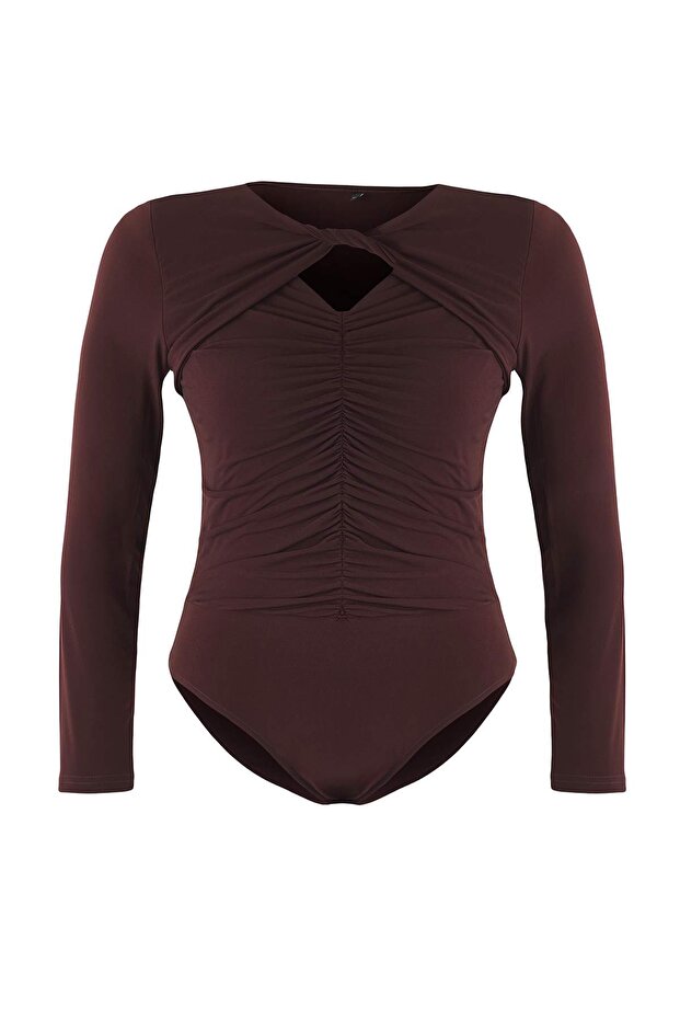 Kahverengi Alttan Çıtçıtlı Örme Büyük Beden Body TBBAW26CS00004 - 5