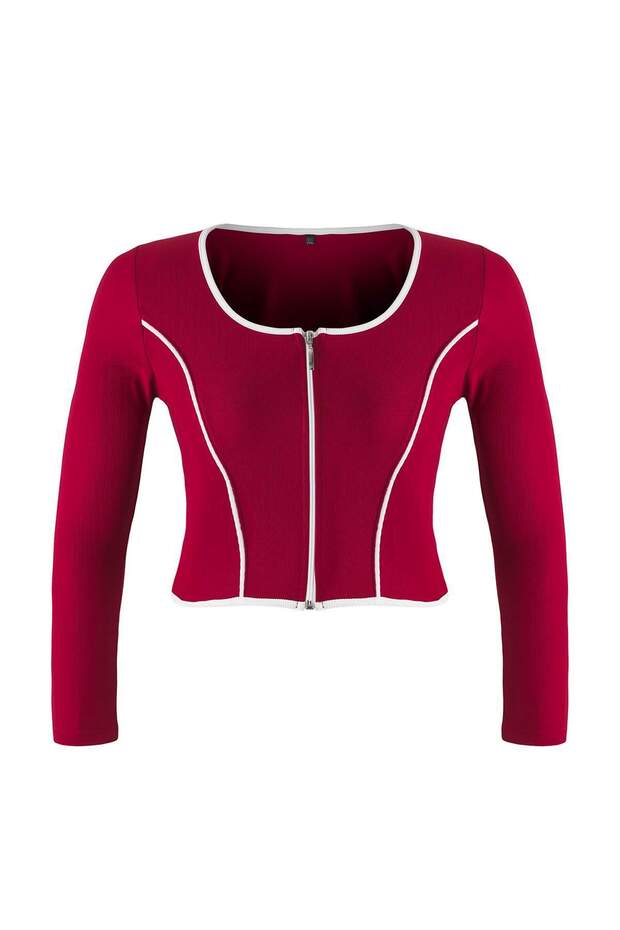 Bordo Teen Kontrast Biye Detaylı Fitted/Vücuda Oturan Fermuarlı Yaka Esnek Örme Bluz TBBAW26AF00041 - 5