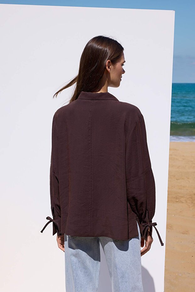 Sustainable Koyu Kahverengi Boho Modal Bağlama Detaylı Oversize Modal Gömlek TWOAW26GO00080 - 4