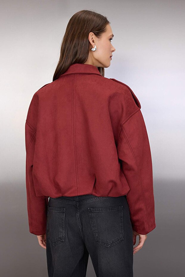 Bordo Oversize Kalıp Süet Bomber İnce Ceket Mont TWOAW26MO00125 - 5