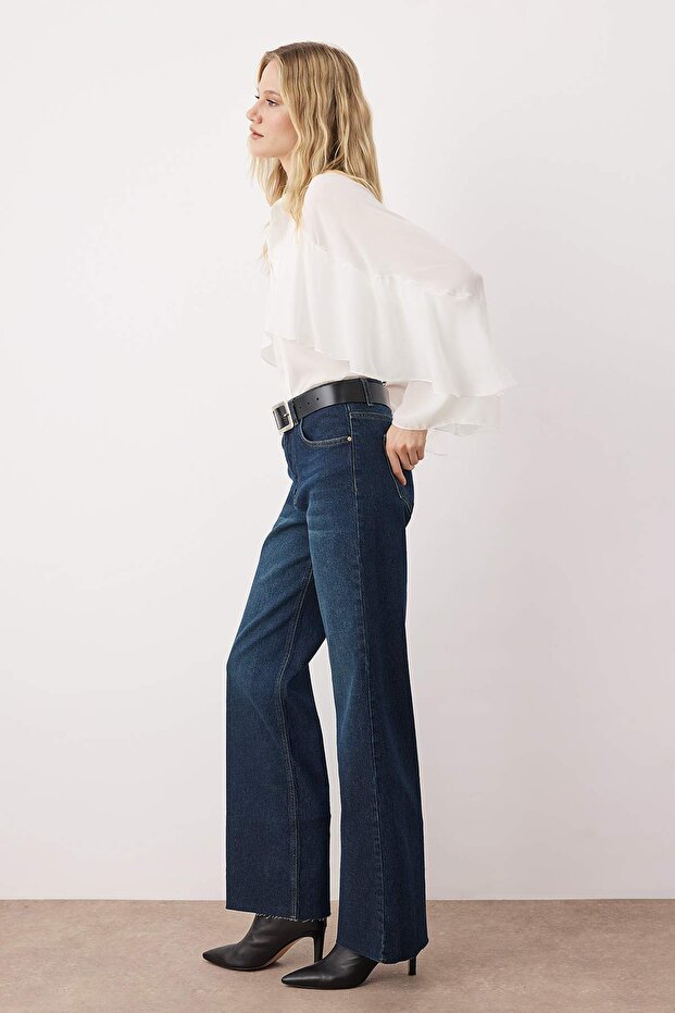 Koyu Mavi Yüksek Bel Comfort Paçası Kesikli Wide Leg Palazzo Jeans TWOAW26JE00081 - 2