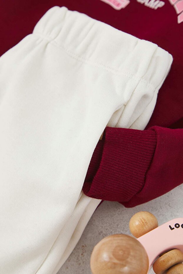 Ekru Pamuklu Kız Çocuk Slogan Baskılı Polo Yaka Oversize Örme Alt - Üst Takım TKDAW26AU00002 - 3