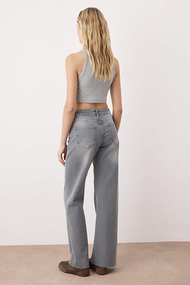 Gri Yüksek Bel Comfort Paçası Kesikli Wide Leg Palazzo Jeans TWOAW26JE00081 - 4