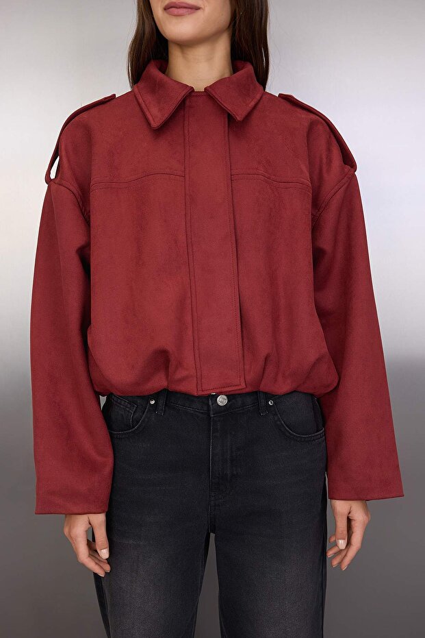 Bordo Oversize Kalıp Süet Bomber İnce Ceket Mont TWOAW26MO00125 - 4