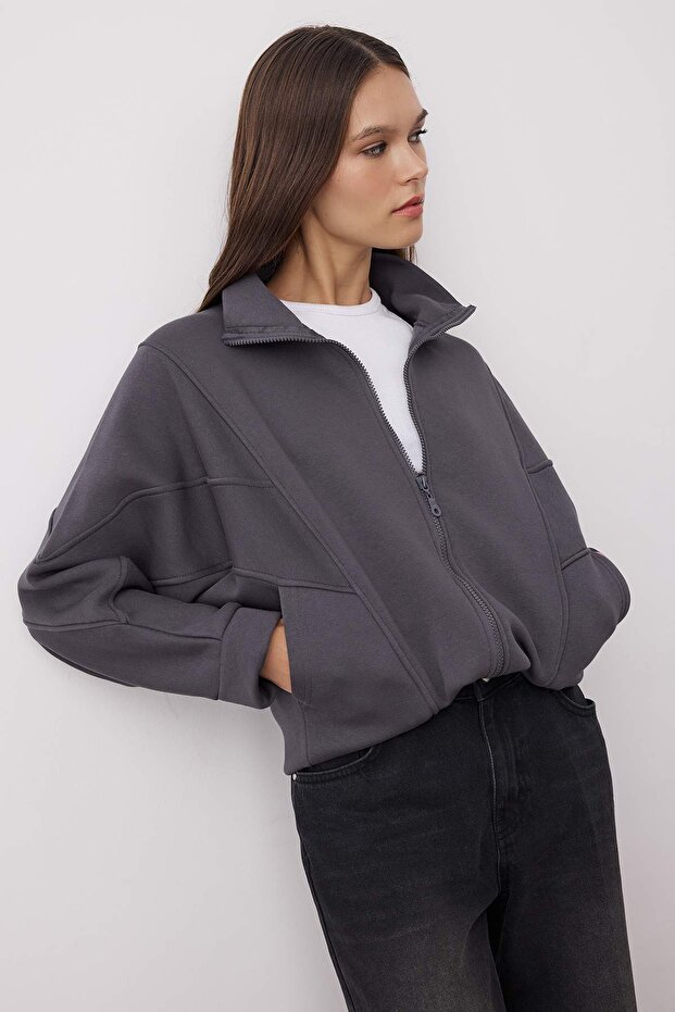 Antrasit Fermuarlı Dikiş Detaylı Dik Yaka Bomber Örme Sweatshirt TWOAW26SW00037 - 1