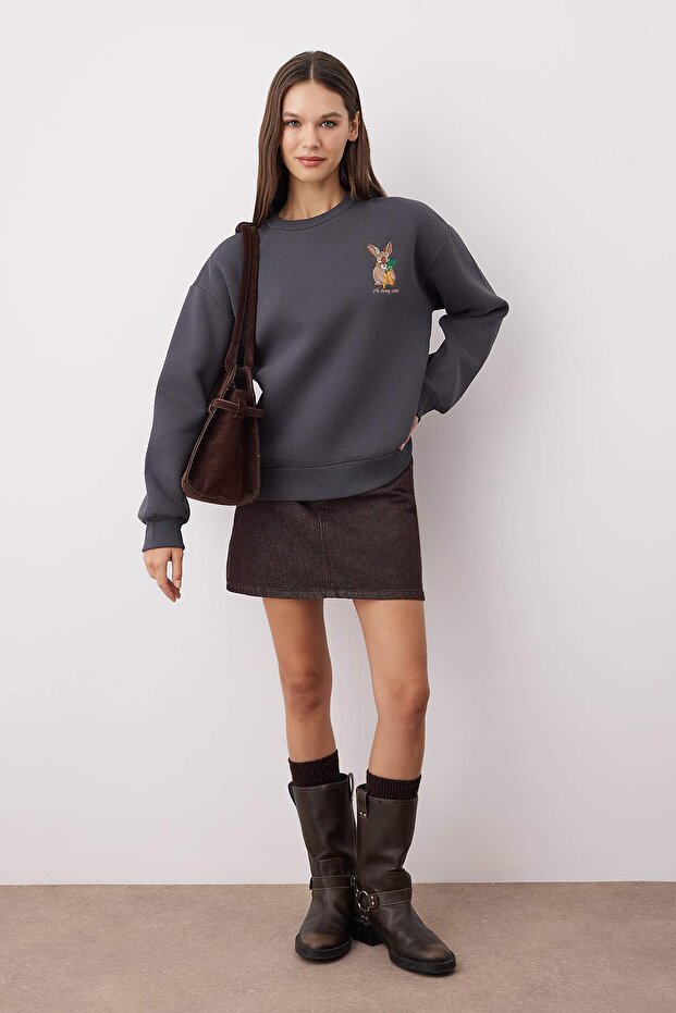 Antrasit Animal Nakışlı Regular/Normal Kalıp Kalın İçi Polarlı Örme Sweatshirt TWOAW24SW00196 - 1