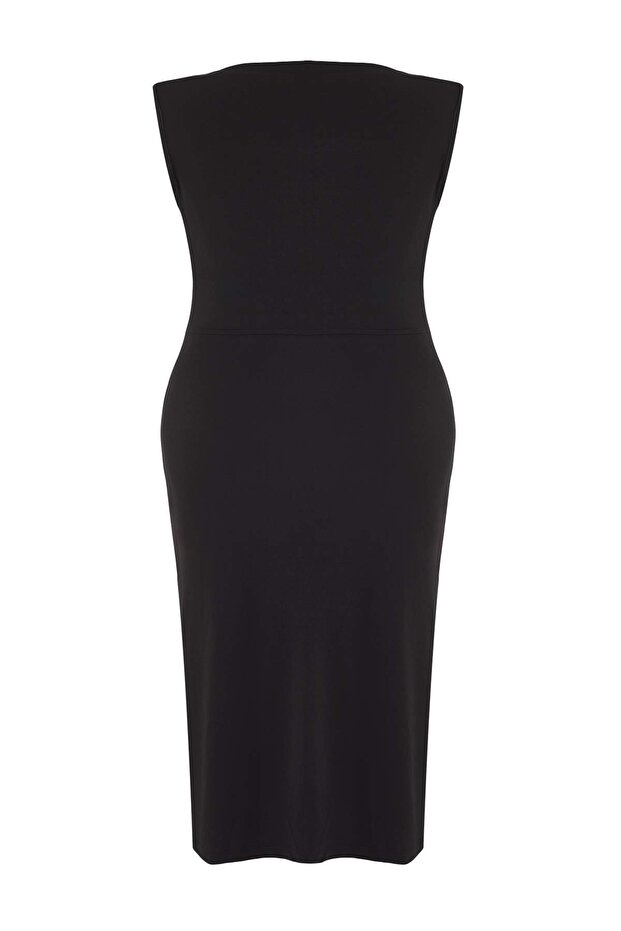 Siyah Bodycon Midi Aksesuar Detaylı Örme Büyük Beden Elbise TBBSS25AH00248 - 8