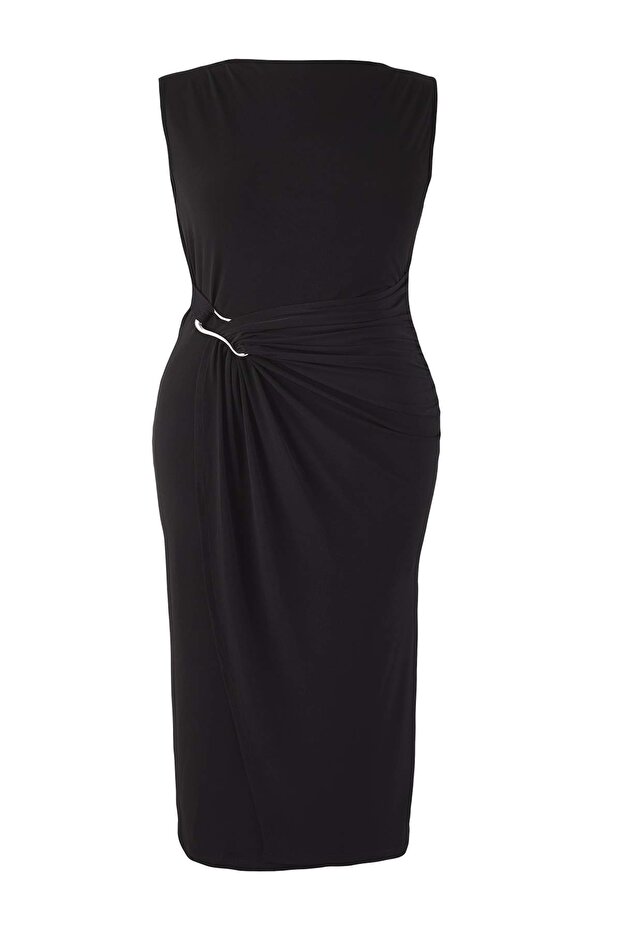 Siyah Bodycon Midi Aksesuar Detaylı Örme Büyük Beden Elbise TBBSS25AH00248 - 7