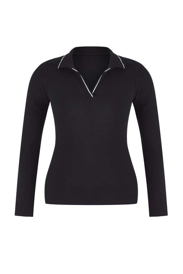 Siyah Triko Yaka Detaylı Fitted/Vücuda Oturan Fitilli Esnek Örme Bluz TBBAW26AF00020 - 5