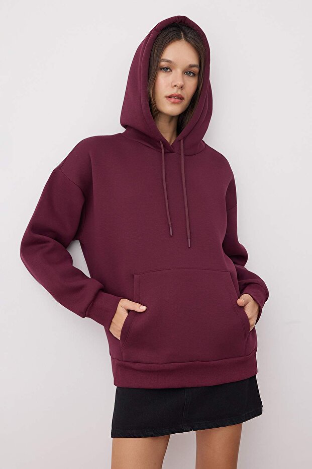 Mürdüm Kalın İçi Polarlı Oversize/Geniş Kalıp Kapüşonlu Basic Örme Sweatshirt TWOAW24SW00103 - 2