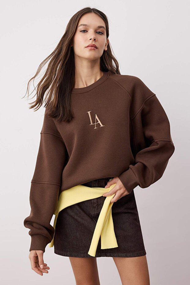 Kahverengi Bisiklet Yaka Regular Fit Nakışlı Kalın İçi Polarlı Örme Sweatshirt TWOAW24SW00199 - 2
