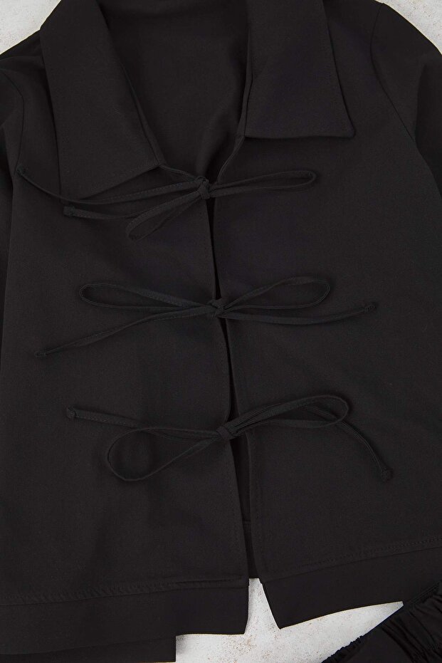 Siyah %100 Pamuklu Gabardin Bağcıklı Dokuma Büyük Beden Alt - Üst Takım TBBAW26CP00013 - 9