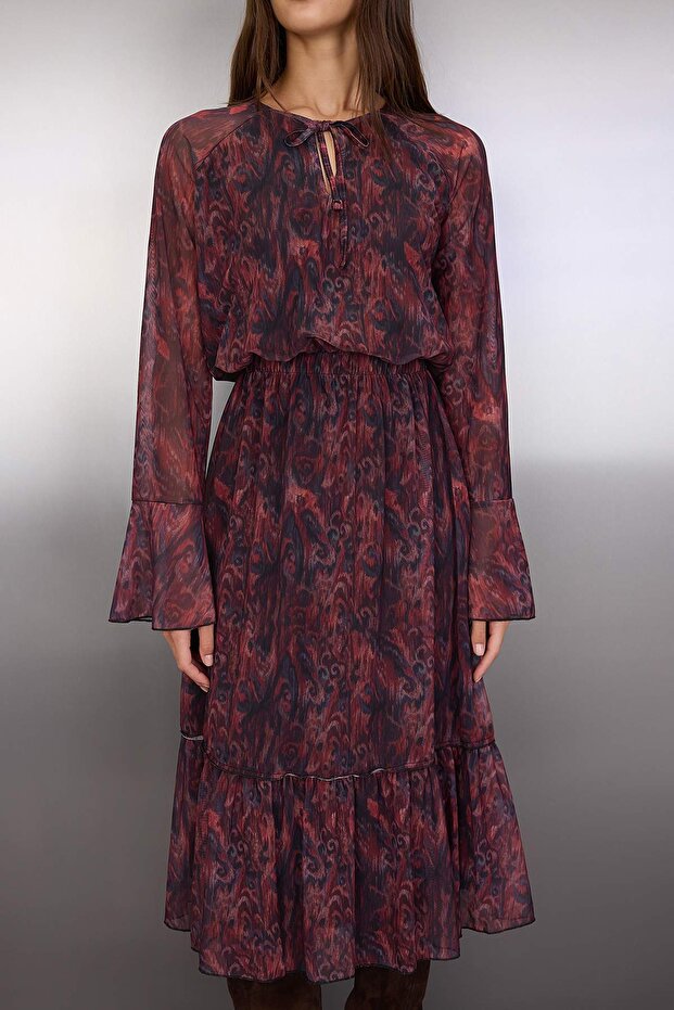 Bordo Soyut Bağlama Detaylı Midi Örme Elbise TWOAW26EL00164 - 1