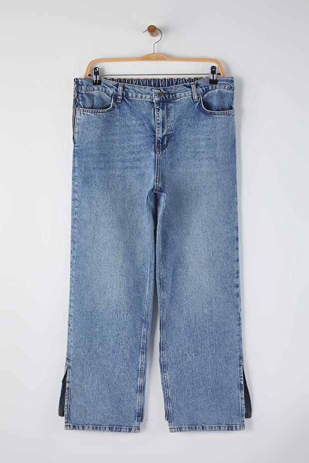 Mavi Yüksek Bel Yırtmaçlı Beli Lastikli Fermuar Detaylı Büyük Beden Jeans TBBAW26CJ00009 - 5