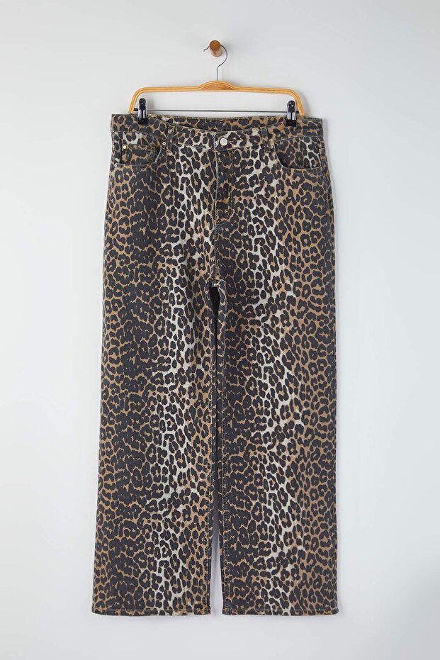 Çok Renkli Yüksek Bel Leopar Desenli Comfort/rta Esnek Straight Fit Büyük Beden Jeans TBBAW25CJ00003 - 5