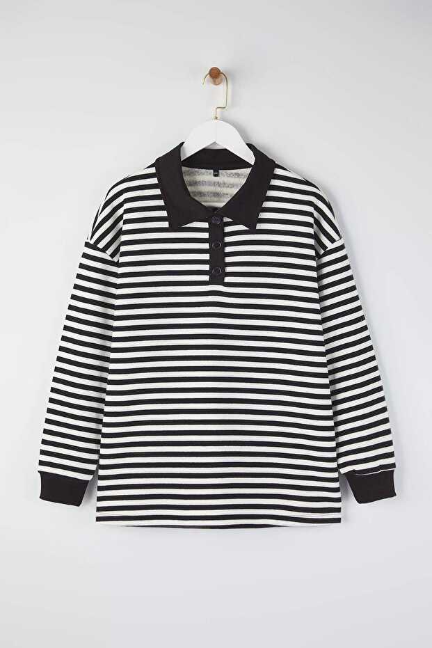 Siyah Çizgili Polo Yaka Kalın İçi Polarlı Oversize Örme Büyük Beden Sweatshirt TBBAW26AO00029 - 5