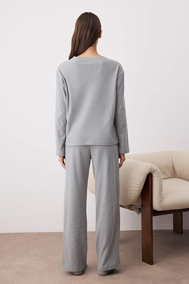 Gri Melanj Hırka Fittili Örme Pijama Takımı THMAW26PT00080 - 3