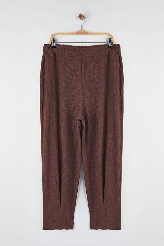 Kahverengi Havuç Fit Beli Lastikli Örme Büyük Beden Pantolon TBBSS23AR00002 - 5