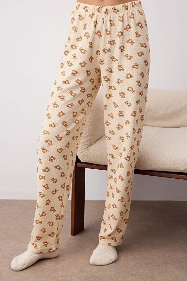Ekru Ayıcıklı Yumuşak Kışlık Waffle Örme Pijama Takımı THMAW26PT00187 - 3