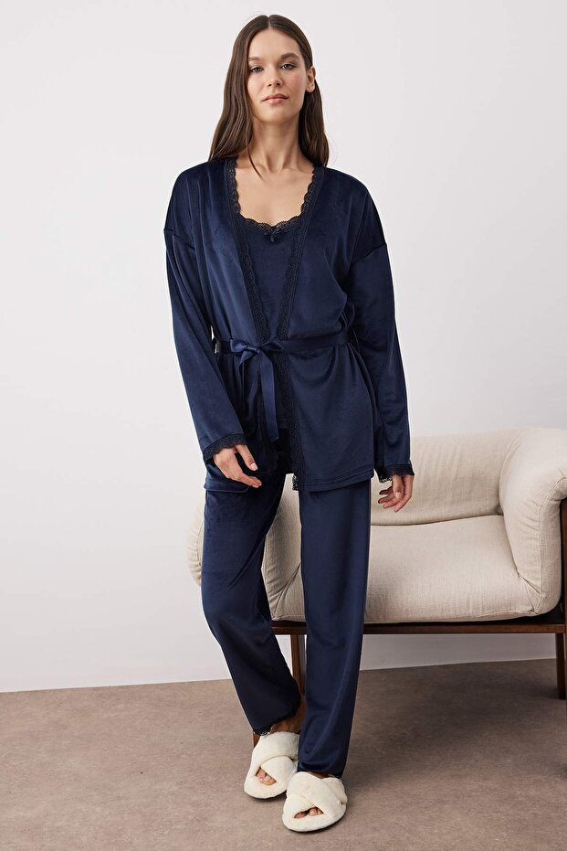 Navy Blue 3-Piece Dowry Set Lace Detailed Velvet Knitted Dressing Gown+Pajama Set Thmaw26Pt00191 - 2