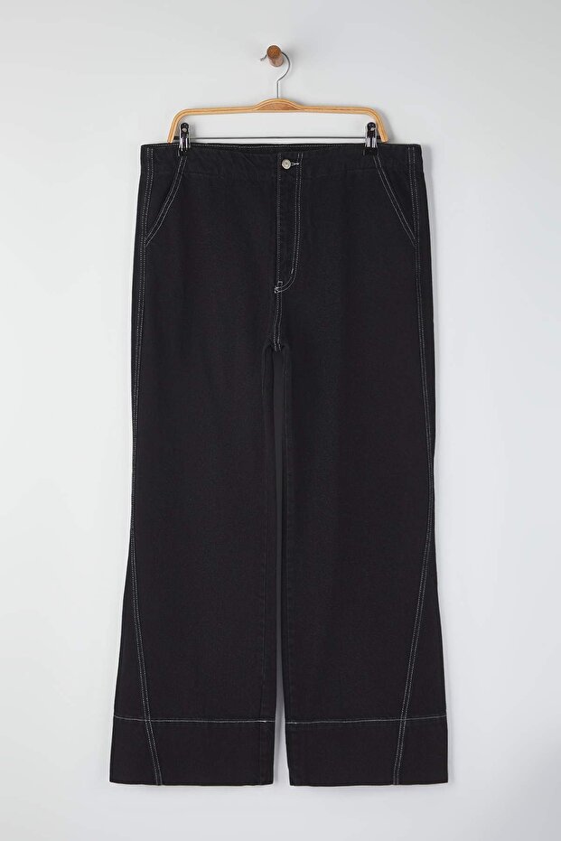 Antrasit Yüksek Bel Dikiş Detaylı Geniş Paça Büyük Beden Wide Leg Jeans TBBAW26CJ00017 - 5