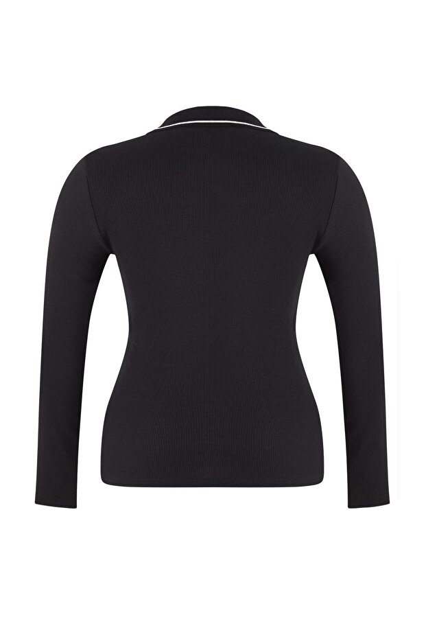 Siyah Triko Yaka Detaylı Fitted/Vücuda Oturan Fitilli Esnek Örme Bluz TBBAW26AF00020 - 7