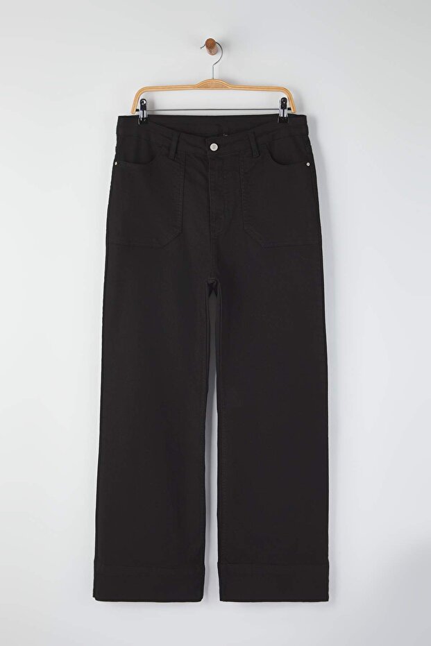 Siyah Yüksek Bel İspanyol Paça Büyük Beden Flare Fit Jeans TBBAW26CJ00032 - 5