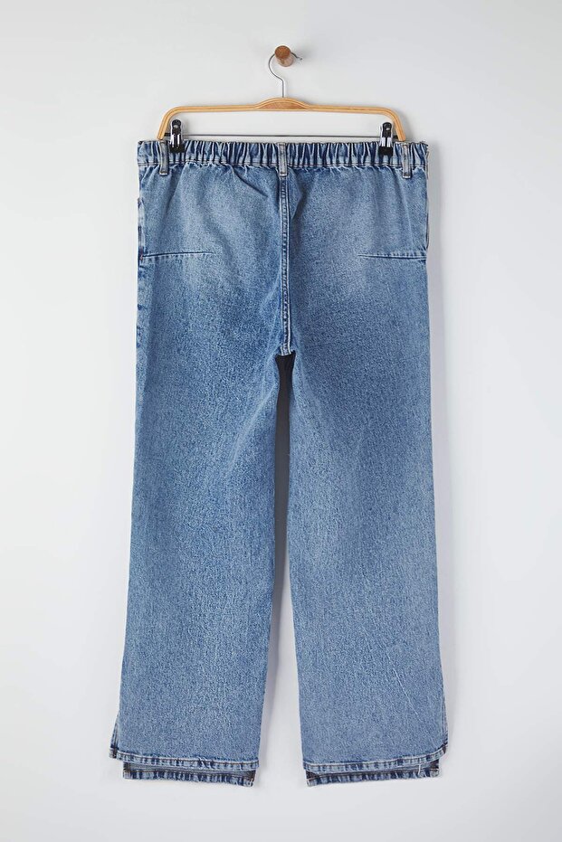 Mavi Yüksek Bel Yırtmaçlı Beli Lastikli Fermuar Detaylı Büyük Beden Jeans TBBAW26CJ00009 - 8