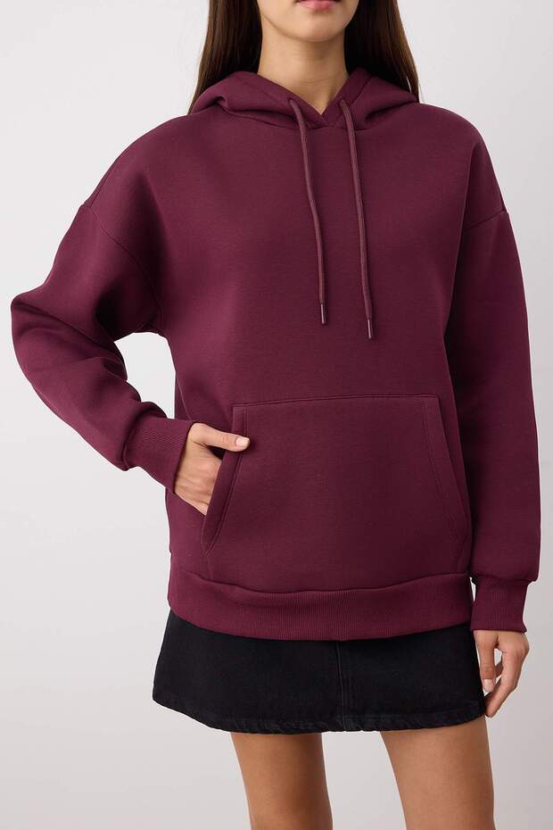 Mürdüm Kalın İçi Polarlı Oversize/Geniş Kalıp Kapüşonlu Basic Örme Sweatshirt TWOAW24SW00103 - 3