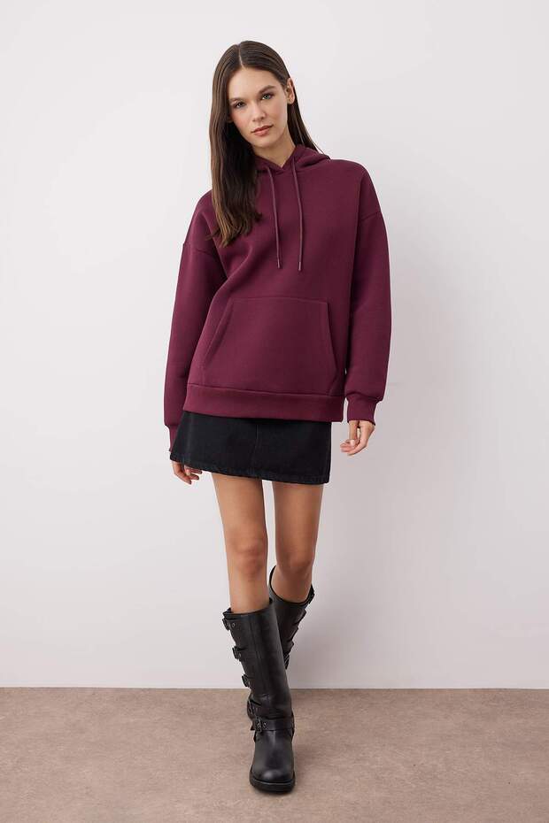Mürdüm Kalın İçi Polarlı Oversize/Geniş Kalıp Kapüşonlu Basic Örme Sweatshirt TWOAW24SW00103 - 1