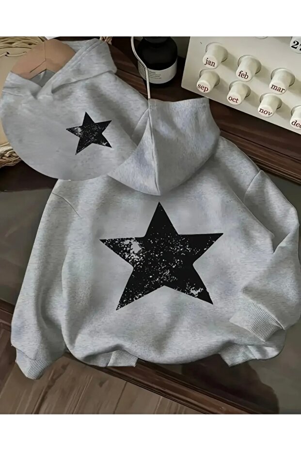 YILDIZ BASKILI OVERSİZE KAPÜŞONLU SWEATSHİRT - 1