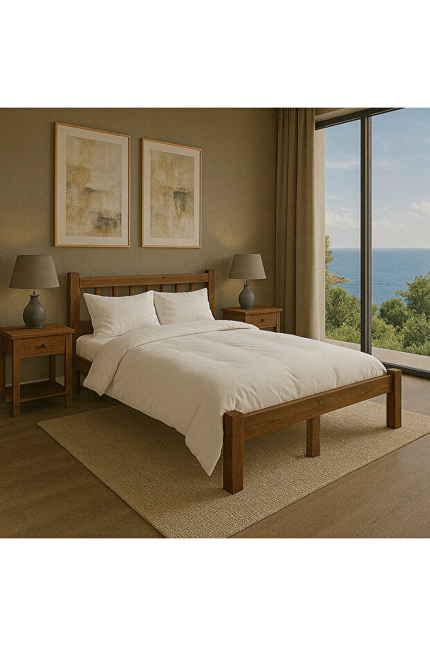 200cm X 200cm Masif Ahşap YUVARLAK ÇITALI BAŞLIKLI ÇİFT KİŞİLK CEVİZ RENGİ - 5