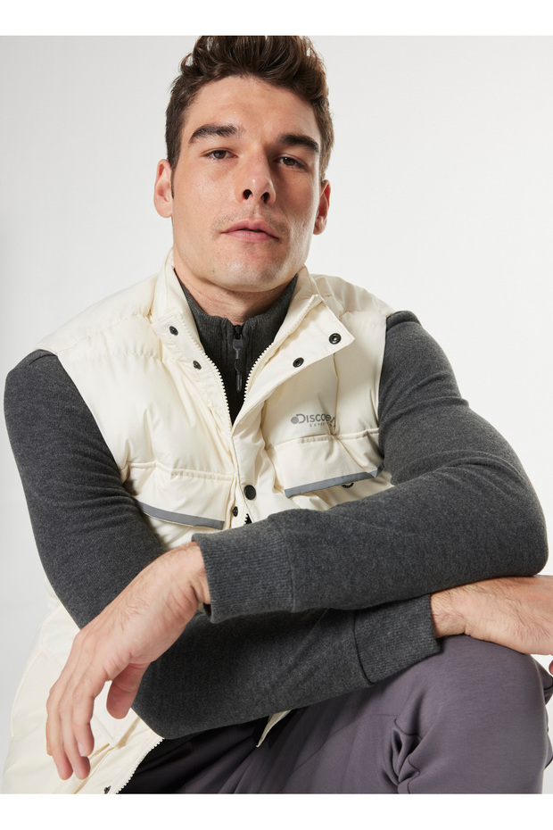 D4WM-YLK3243 Krem Erkek Dik Yaka Relaxed Puffer Yelek - 1