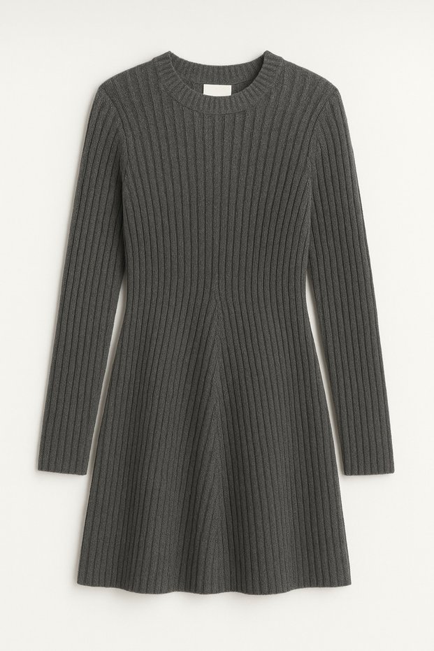 Women's Anthracite Crew Neck Flared Mini Ribbed Winter Knitwear Dress