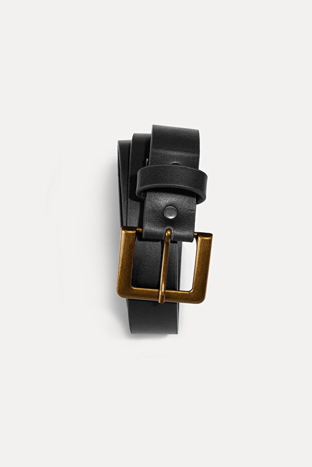 Leather Belt Black with Gold Square Buckle