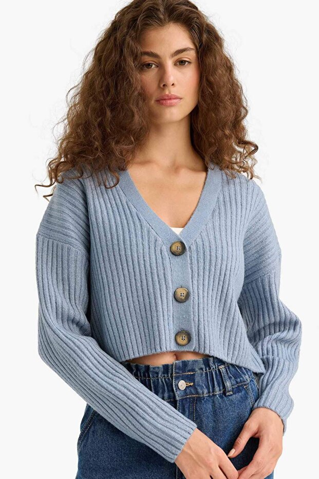 Regular Fit V Yaka Düğmeli Triko Hırka R1389AZ25WN - 1