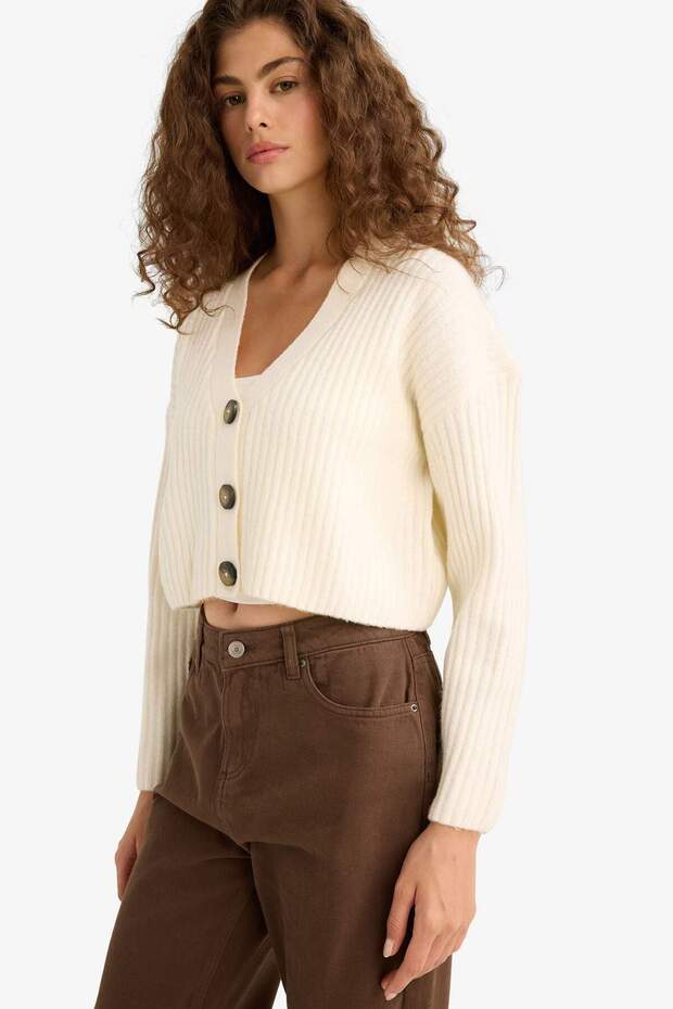Regular Fit V Yaka Düğmeli Triko Hırka R1389AZ25WN - 3