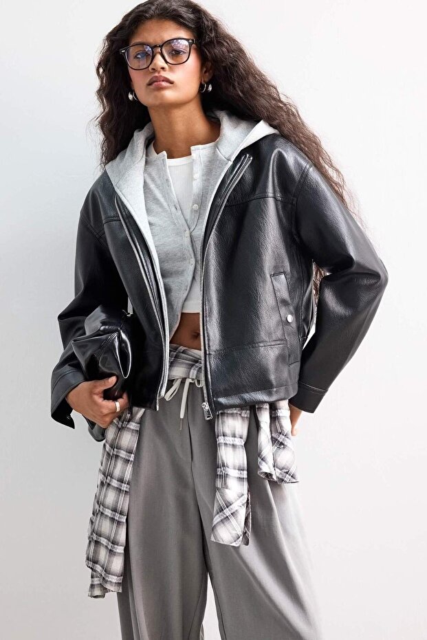 Relax Fit Removable Hood Zippered Faux Leather Coat E8543Ax25Au