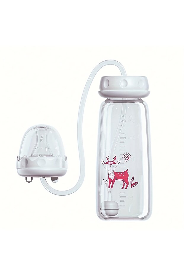 Pink 8oz/240ml Normal-Neck Baby Bottle with Straw Brush,Hands-Free PP Feeding Bottle Set-Makes Feedi
