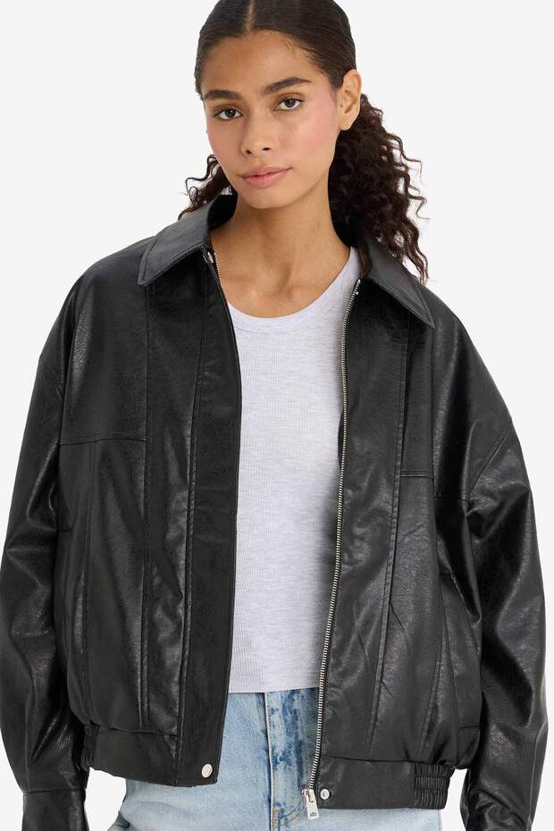 Warm Dad Fit Polo Collar Faux Leather Coat F2911Ax25Wn