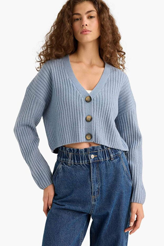 Regular Fit V Yaka Düğmeli Triko Hırka R1389AZ25WN - 3