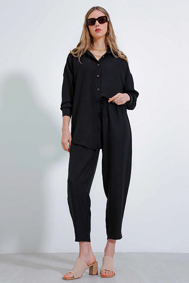 Women's Black Linen Shirt Trousers Bottom-Top Double Set HZL23W-BD166221