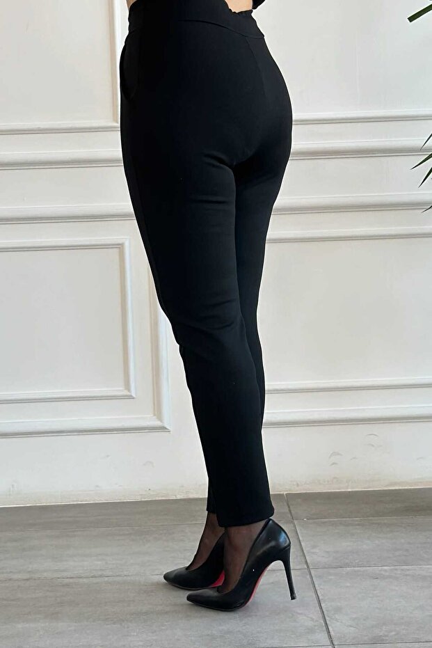 Kadın Boru Paça Yandan Cep Detaylı Çelik İnterlok Örme Pantolon Tayt S-4XL - 3