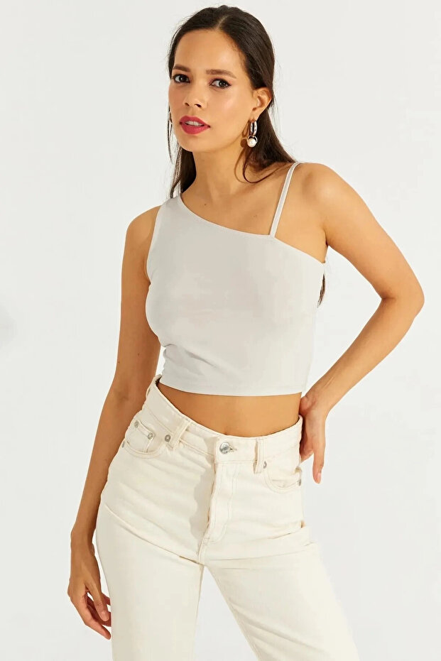 Women's Beige Strap One Shoulder Lycra Crop Blouse HZL23S-SND120171